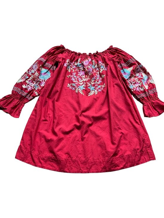 Free People Size S Red Fleur Du Jour Floral Embroidered Boho Off Shoulder Dress - Picture 3 of 16